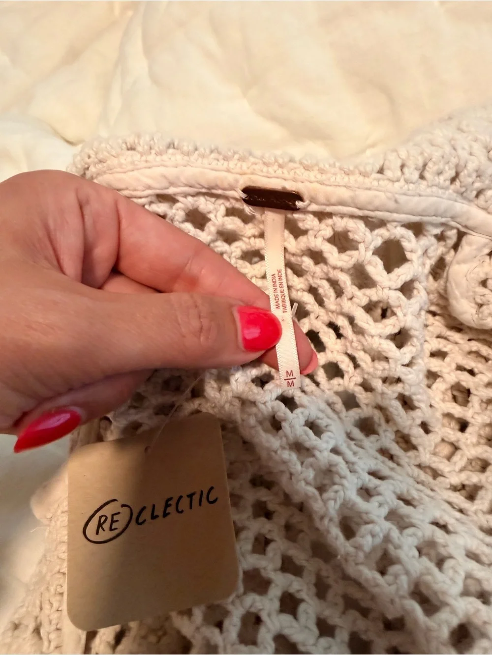 Free People Cream Crochet Button-Front Short Sleeve Top